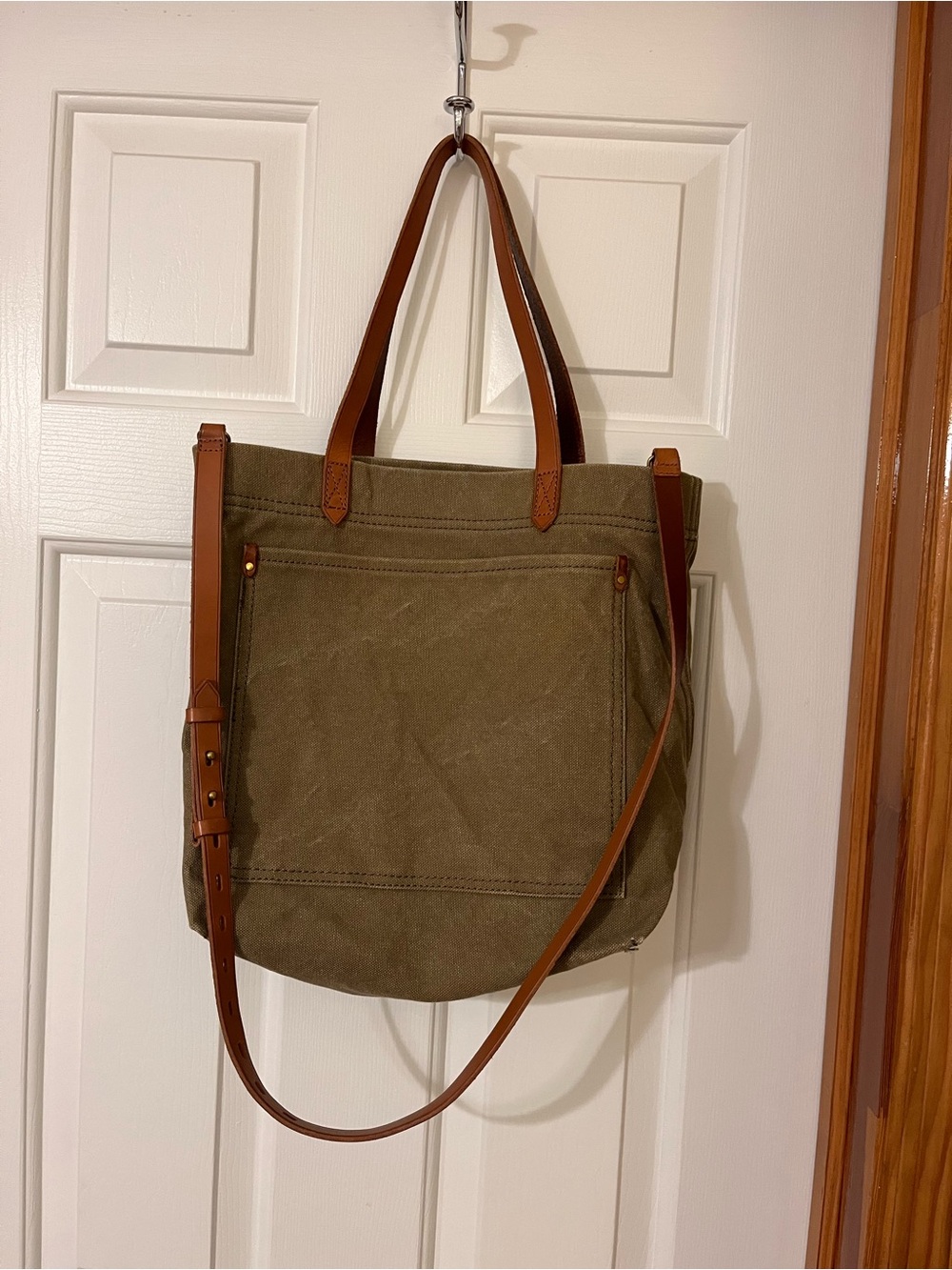 Madewell “The Transport Tote” Olive Green w/ Brown Leather Straps & Strsp